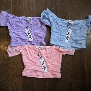 Breath Of Youth Tic Toc Off-Shoulder Ruched Tops in Purple, Blue, and Pink